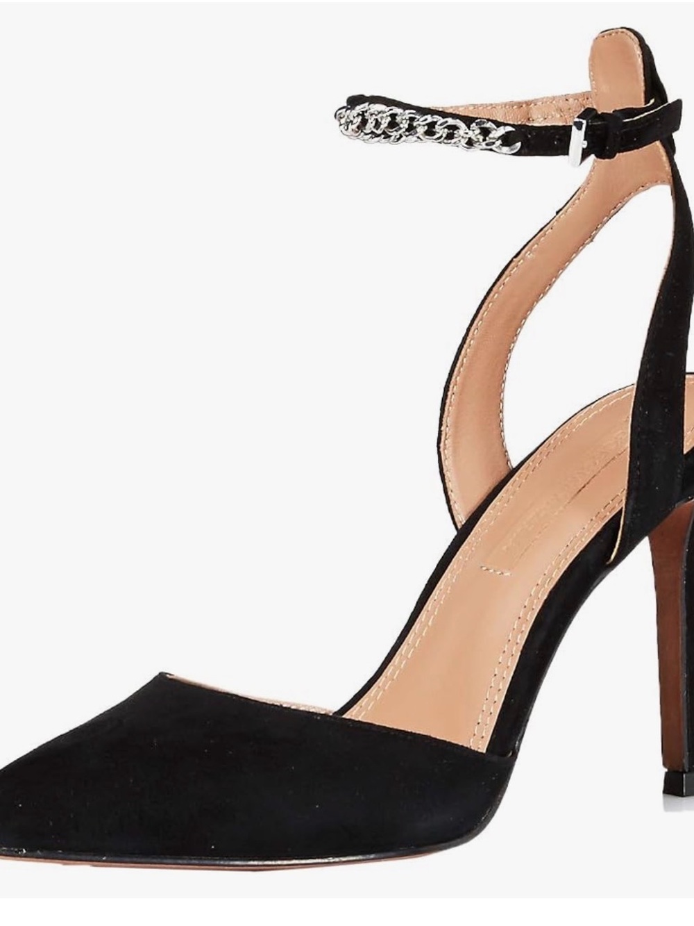 BCBGMaxAzria Black Suede Pointed-Toe Ankle-Strap Pumps with Chain